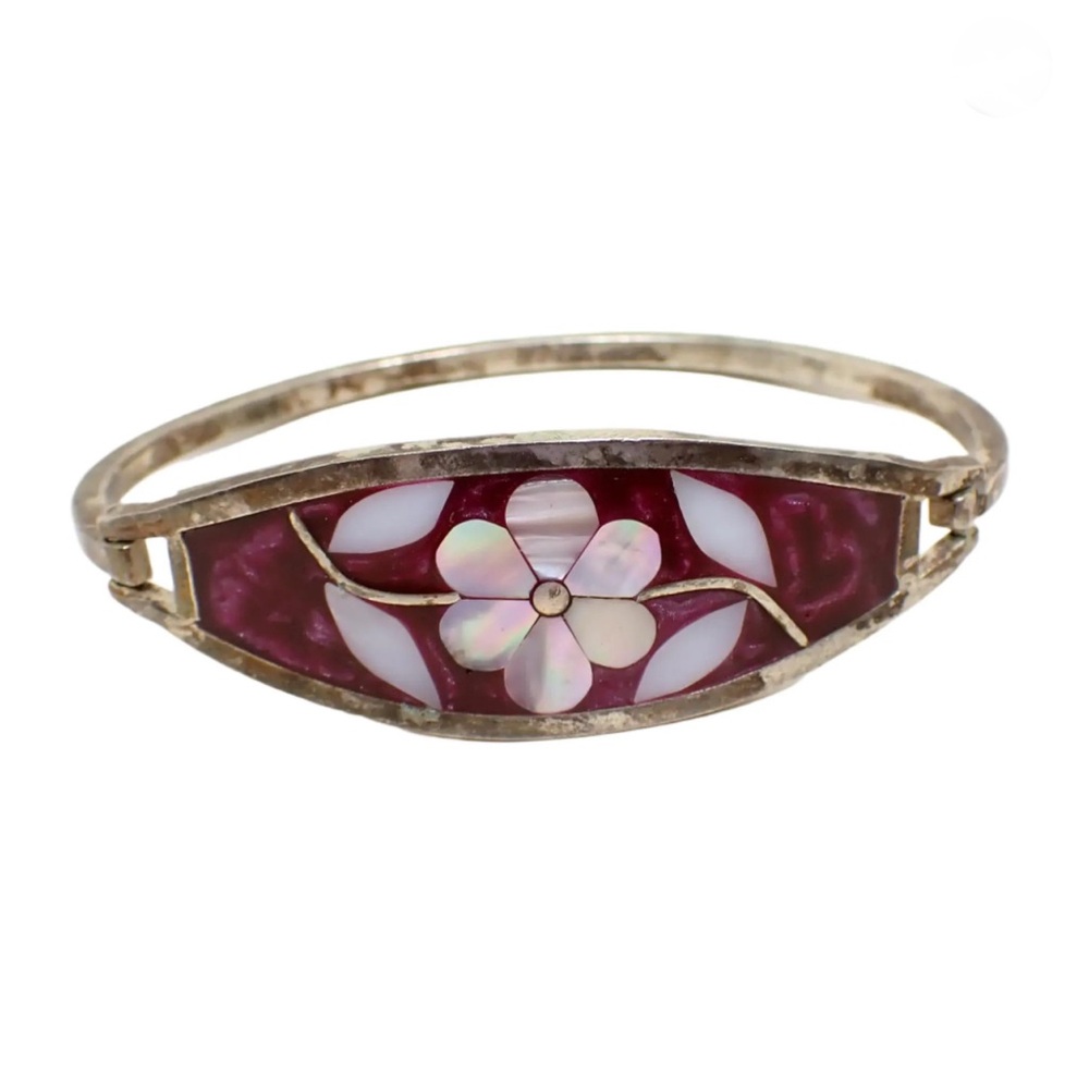 Vintage Mexico Enameled Hinged Bangle Bracelet Mother Of Pearl Flower Design. - Picture 4 of 5